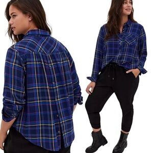 Torrid Button Down Navy Plaid Crinkle Gauze Button Back Shirt Blue Plus Size 1X